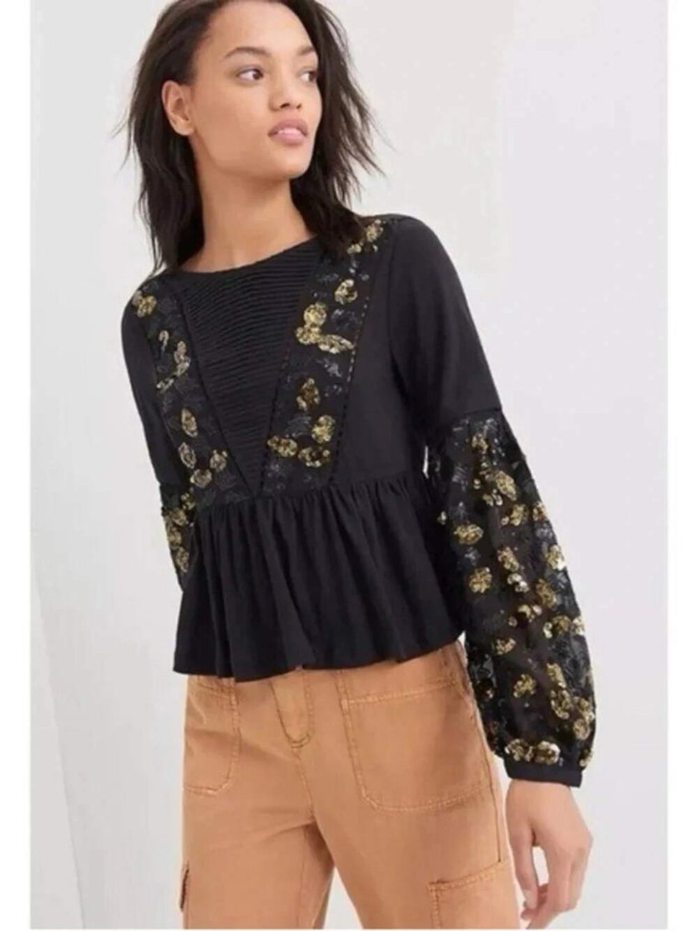 Anthropologie Neale Sequin Top Sz S Black Gold Long Sleeve Cropped Babydoll